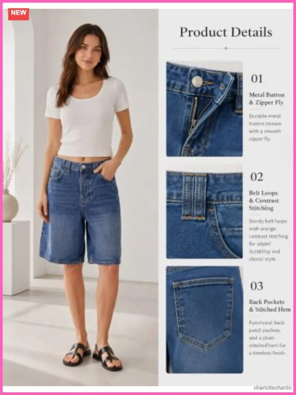 Barrel Jean Shorts Baggy Mid-Low Rise Knee Length Stretchy Cotton Denim